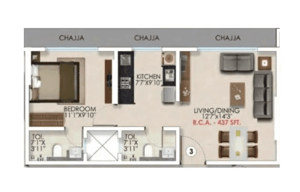 DGS Sheetal Indermohini Unit plan - 437 sq.ft.