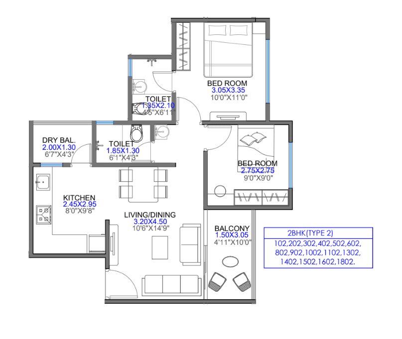 Shaligram Pavilia Unit plan - 631 sq.ft.