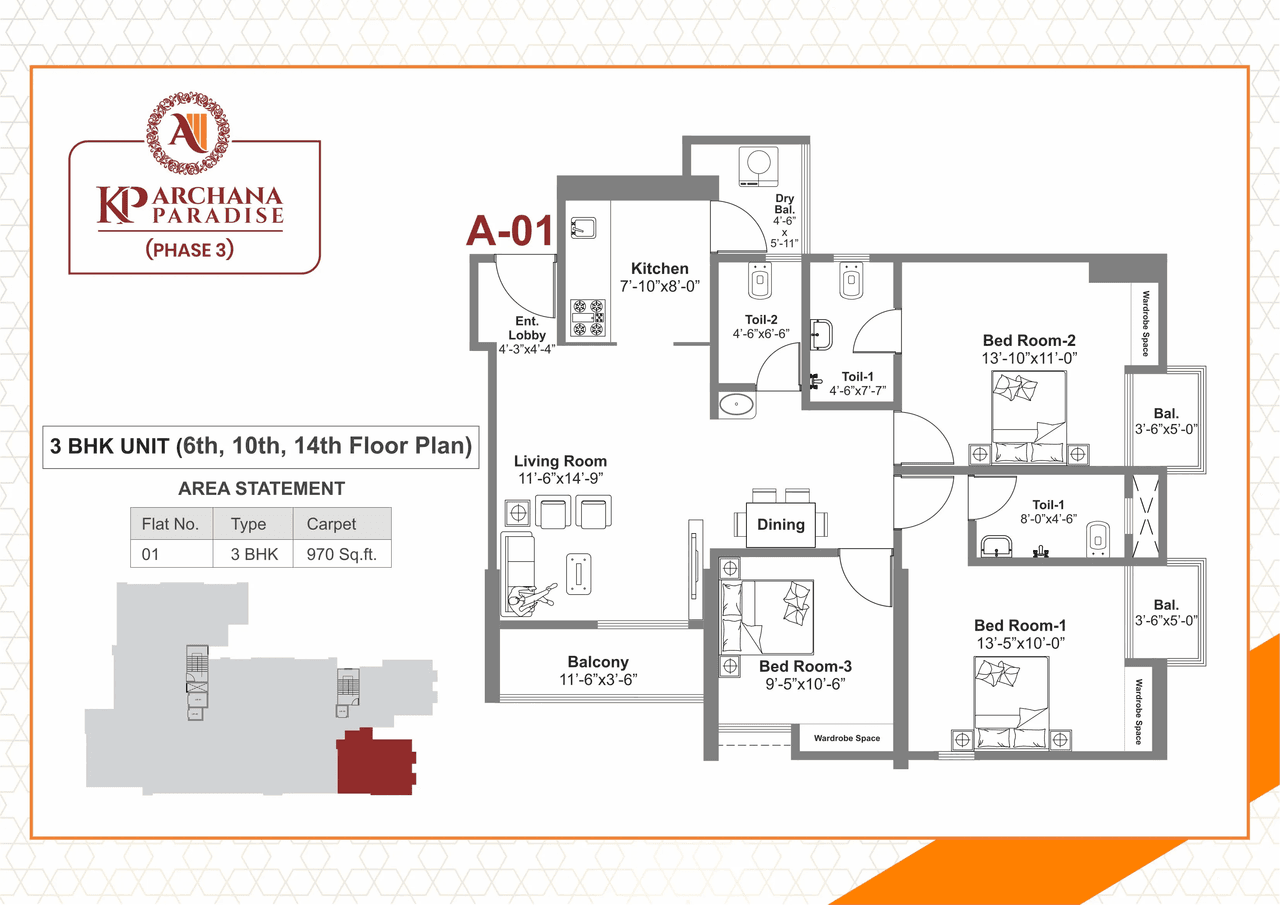 Kanifnath Archana Paradise Phase 3 Unit plan - 970 sq.ft.