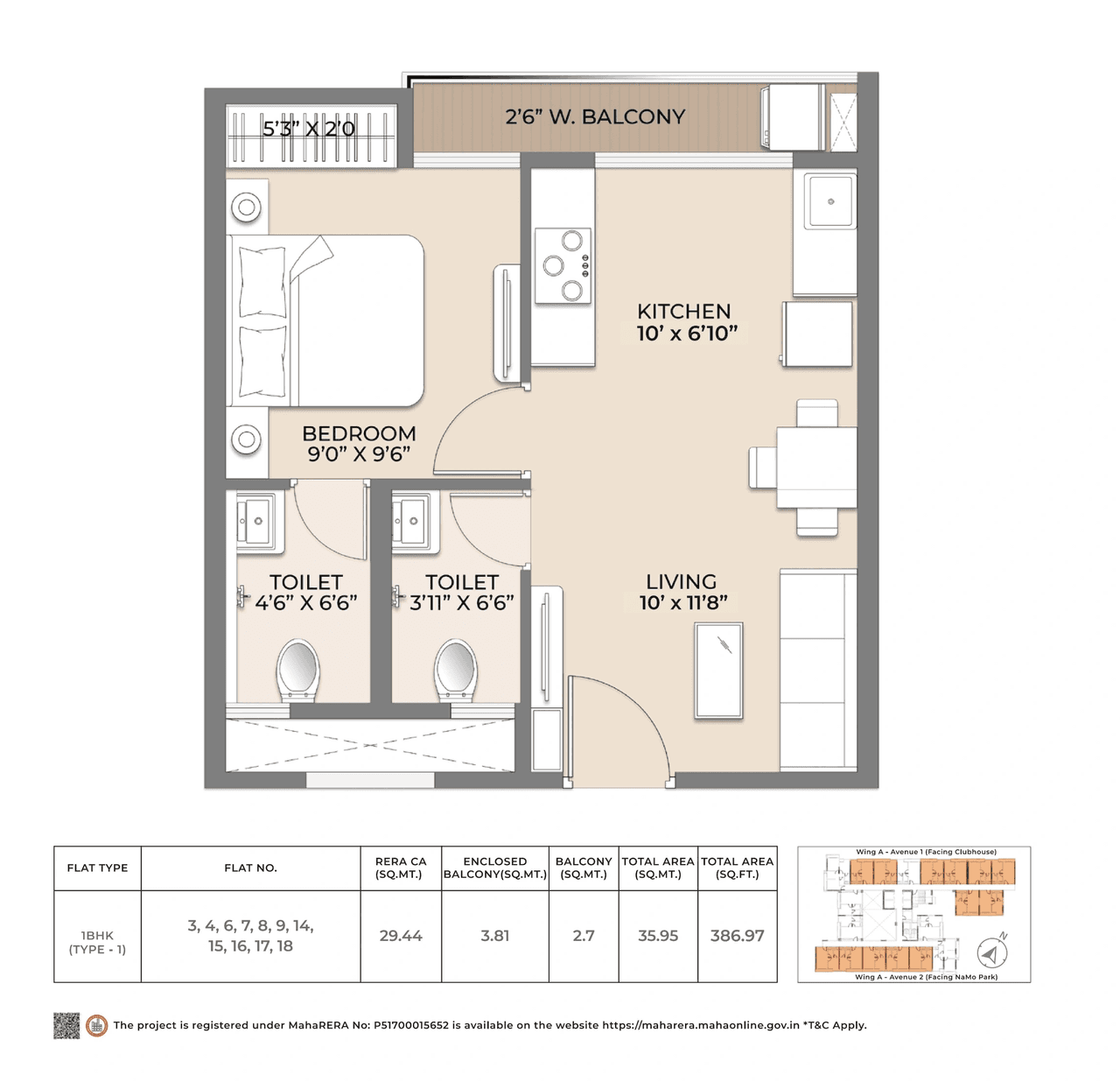 Squarefeet Y Square Unit plan - 387 sq.ft.