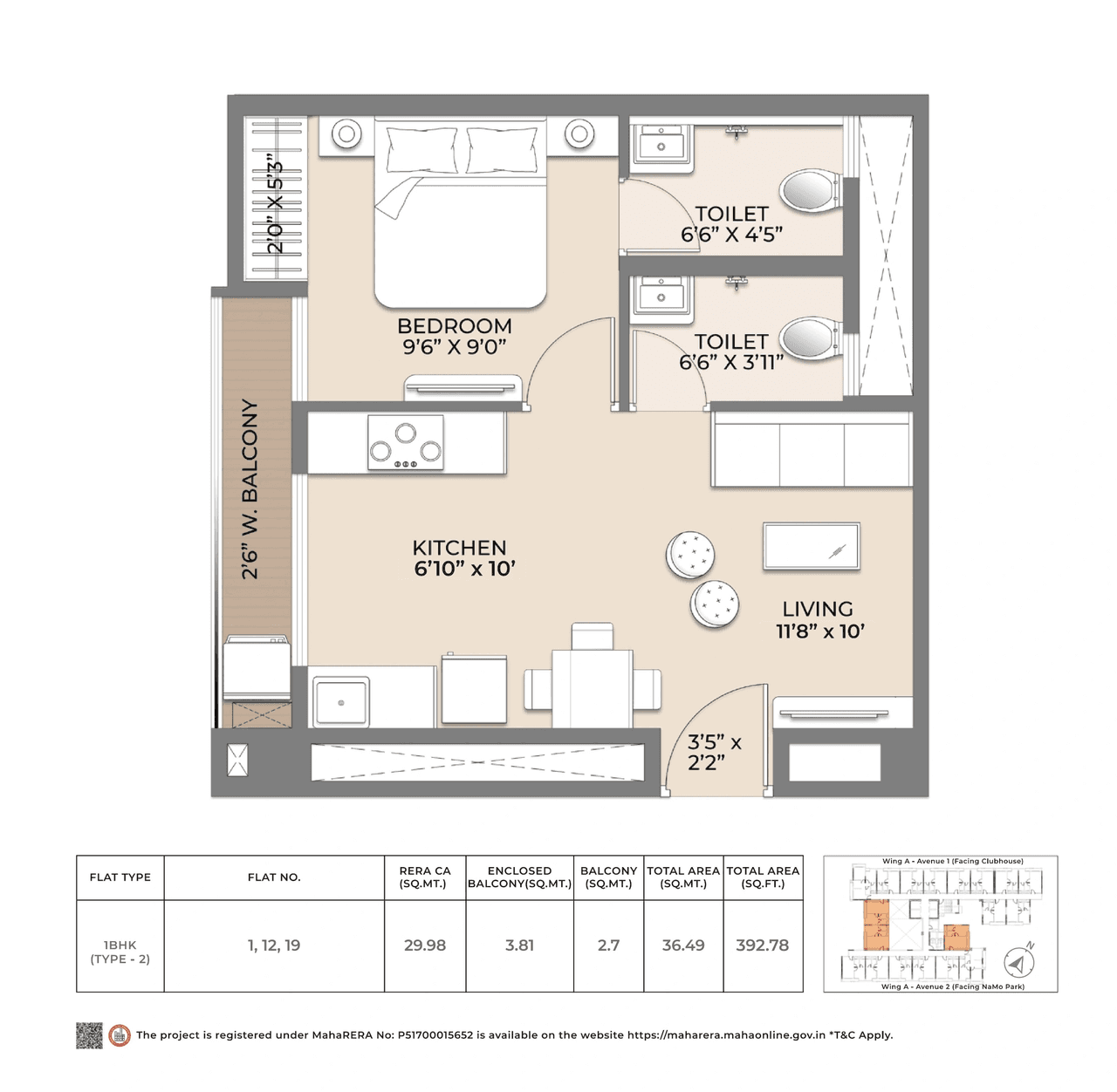 Squarefeet Y Square Unit plan - 393 sq.ft.