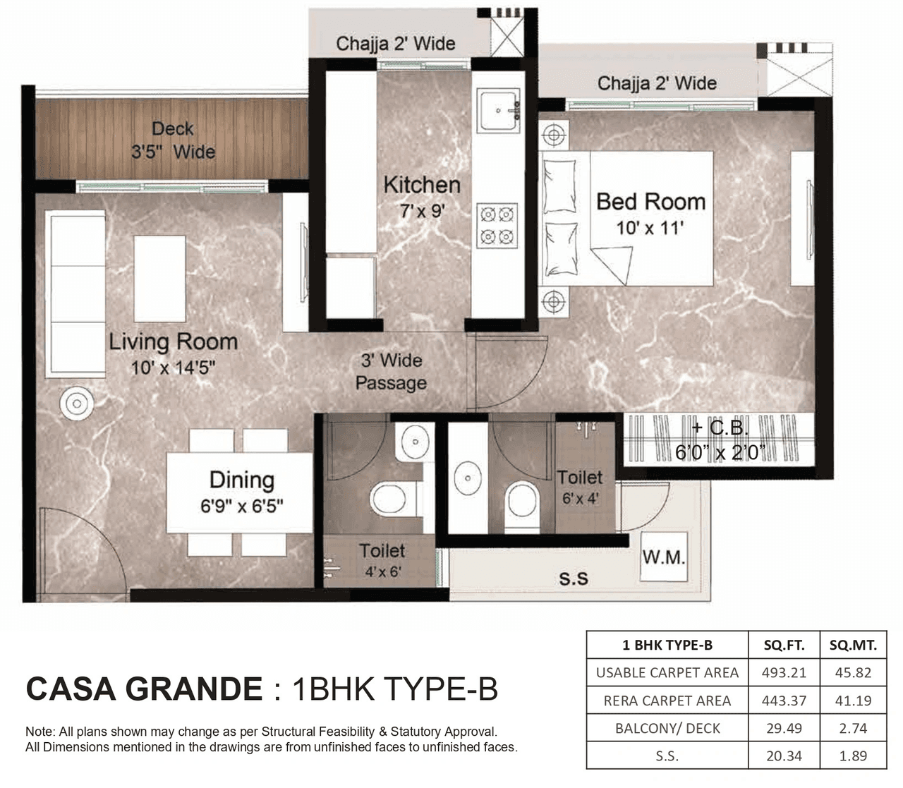 Satyam Queens Necklace Unit plan - 493 sq.ft.