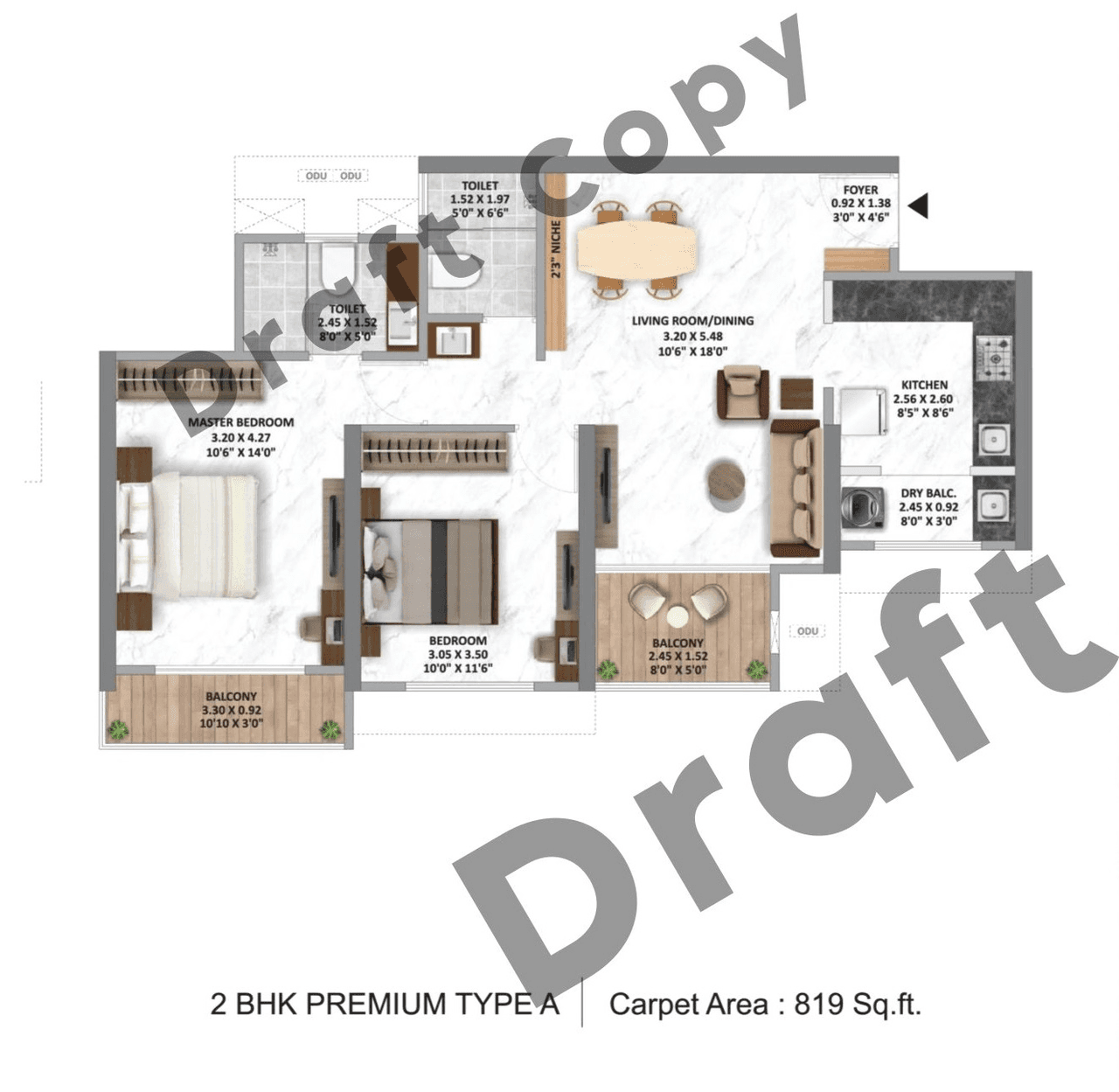 Hiranandani & Krisala Everlyn Unit plan - 819 sq.ft.