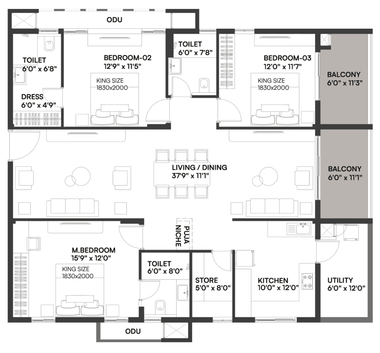 Dev Signature One Unit plan - 1515 sq.ft.
