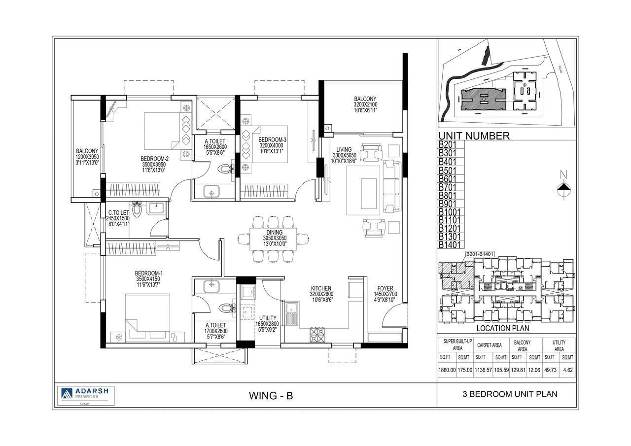 Adarsh Primrose Unit plan - 1278 sq.ft.