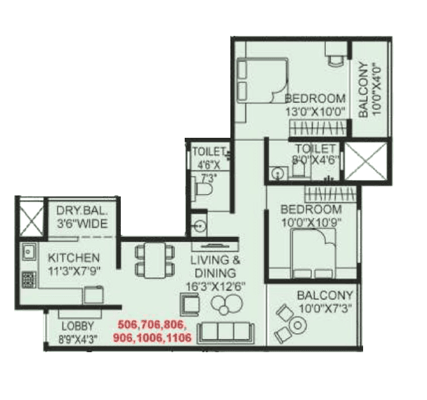 Shree Wakad Central Park Unit plan - 875 sq.ft.