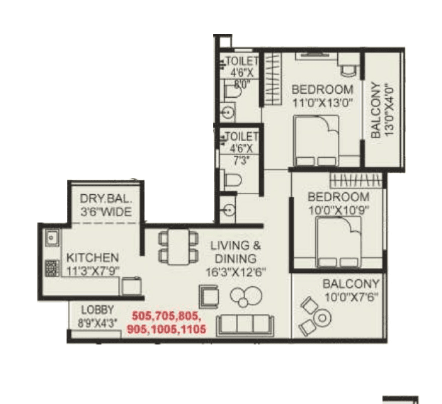 Shree Wakad Central Park Unit plan - 877 sq.ft.