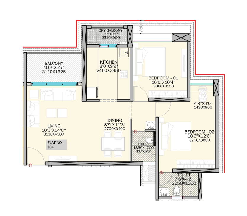 Sukhwani Kingsley Unit plan - 776 sq.ft.