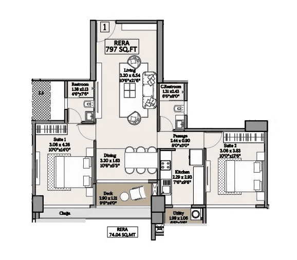 Gurukrupa The Marque Unit plan - 797 sq.ft.