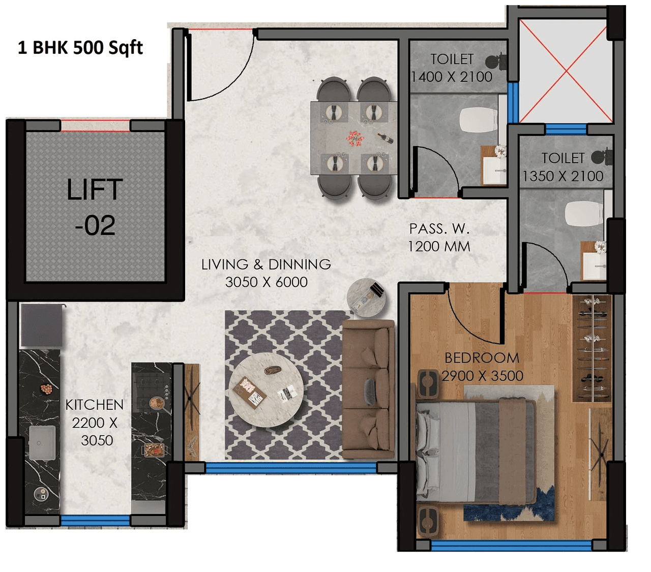 Arihant Amara Sky Unit plan - 500 sq.ft.