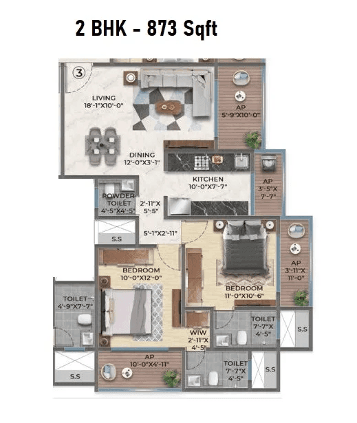 Khatushyam Empire Unit plan - 873 sq.ft.