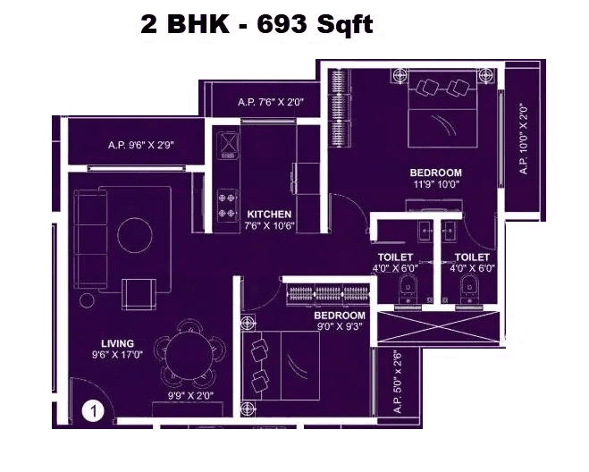 Nakshatra Prithvi Unit plan - 693 sq.ft.
