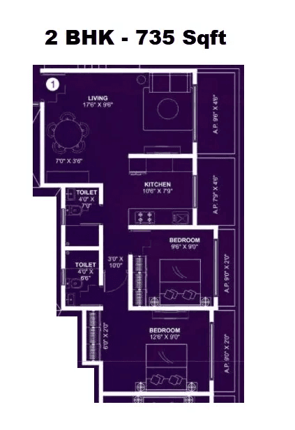 Nakshatra Prithvi Unit plan - 735 sq.ft.