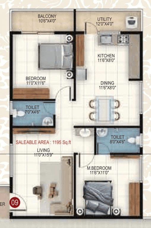 Srinis Pristine Unit plan - 872 sq.ft.
