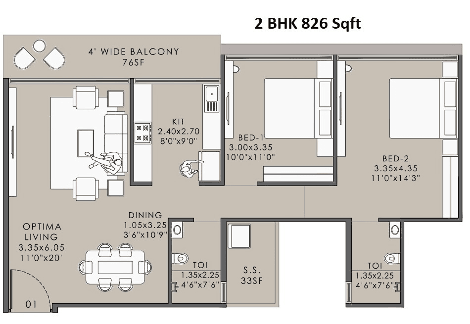 Platinum Mansionz Unit plan - 826 sq.ft.