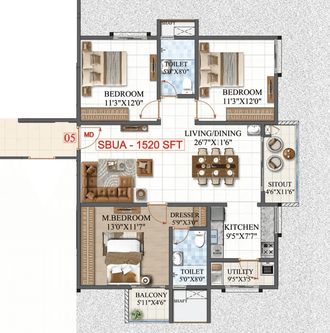Amrutha Lake Vista Unit plan - 1064 sq.ft.