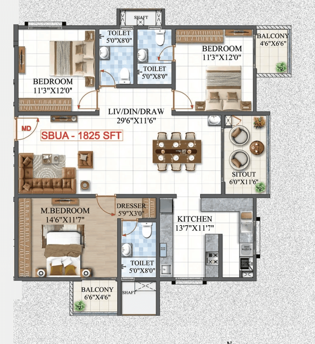 Amrutha Lake Vista Unit plan - 1277 sq.ft.