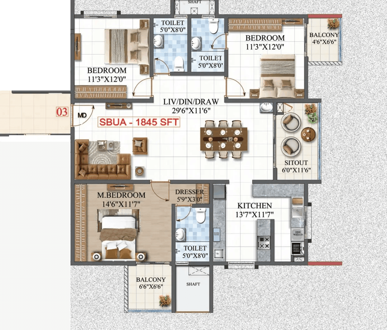 Amrutha Lake Vista Unit plan - 1291 sq.ft.