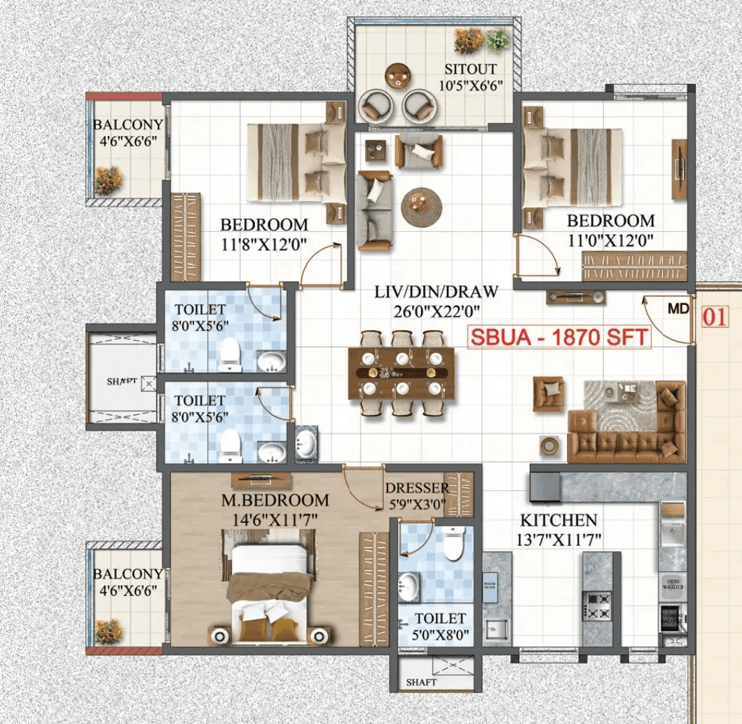 Amrutha Lake Vista Unit plan - 1309 sq.ft.