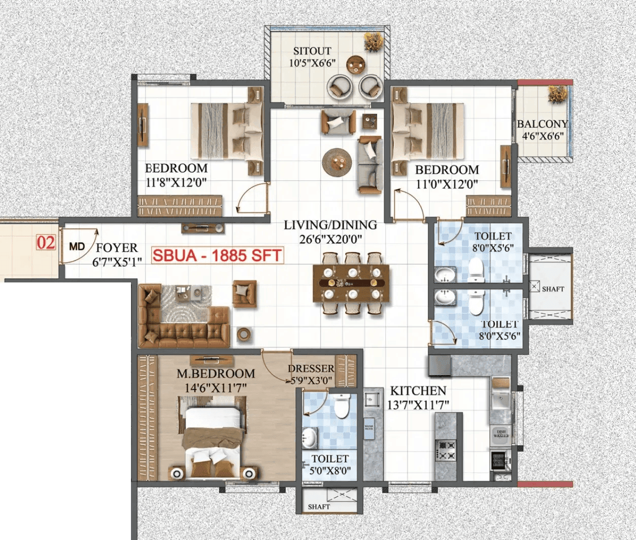 Amrutha Lake Vista Unit plan - 1319 sq.ft.