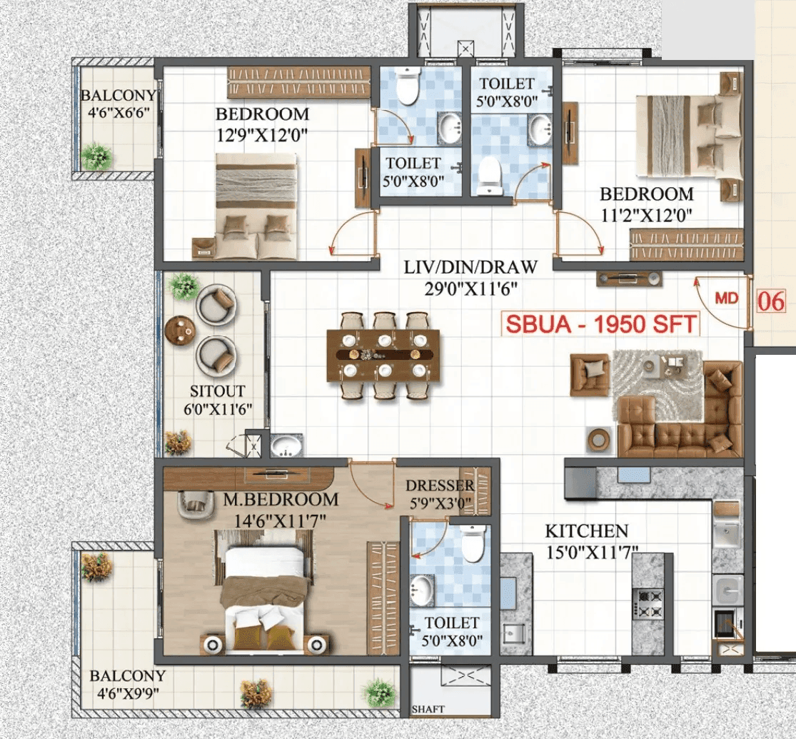 Amrutha Lake Vista Unit plan - 1365 sq.ft.