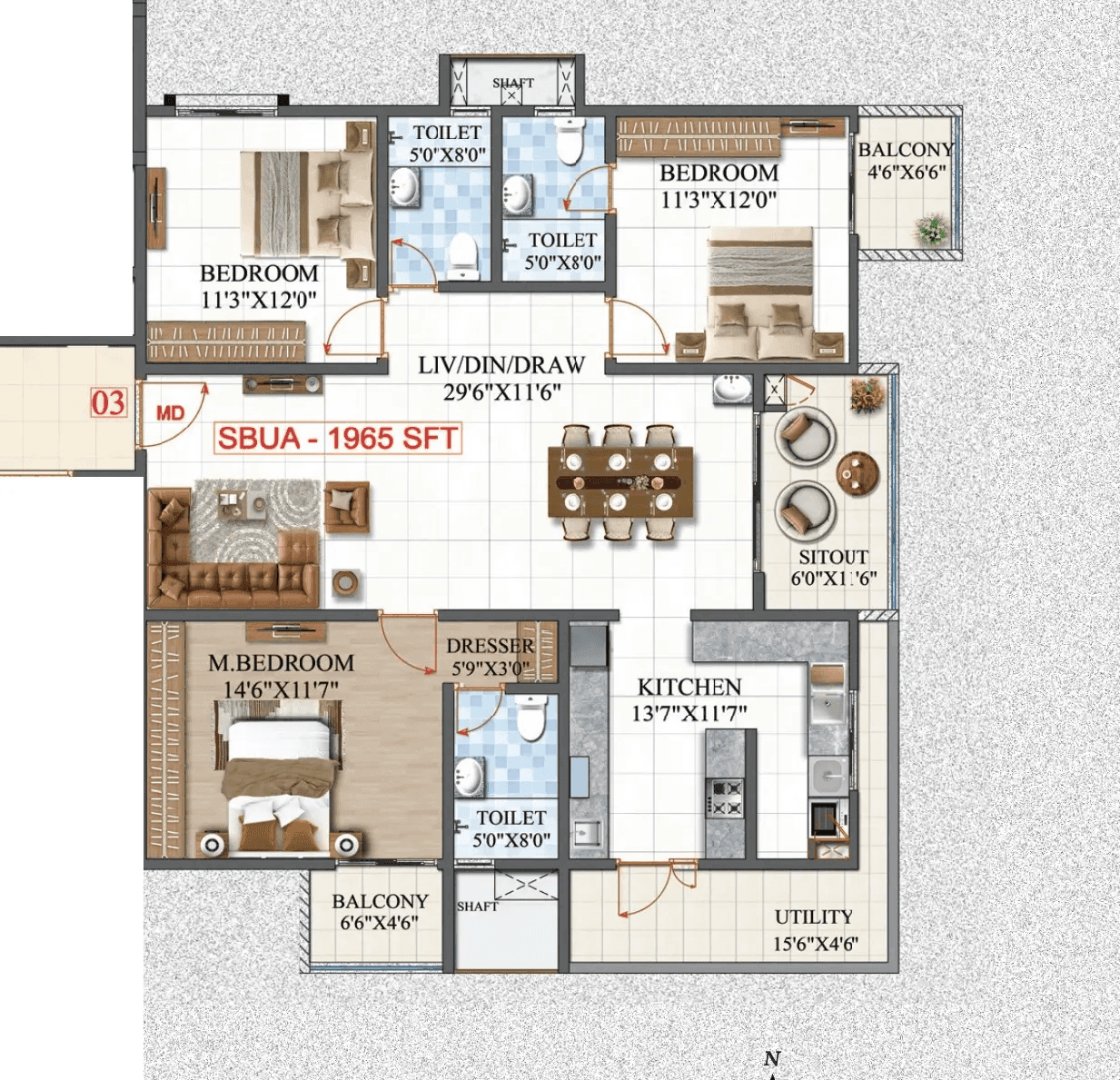 Amrutha Lake Vista Unit plan - 1375 sq.ft.