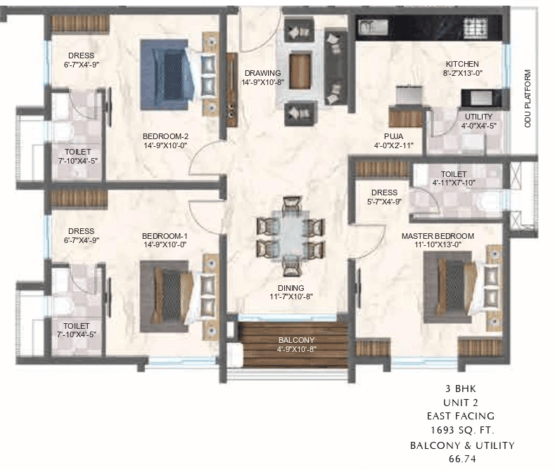 Zuari Gangothri Tribhuja Unit plan - 1185 sq.ft.
