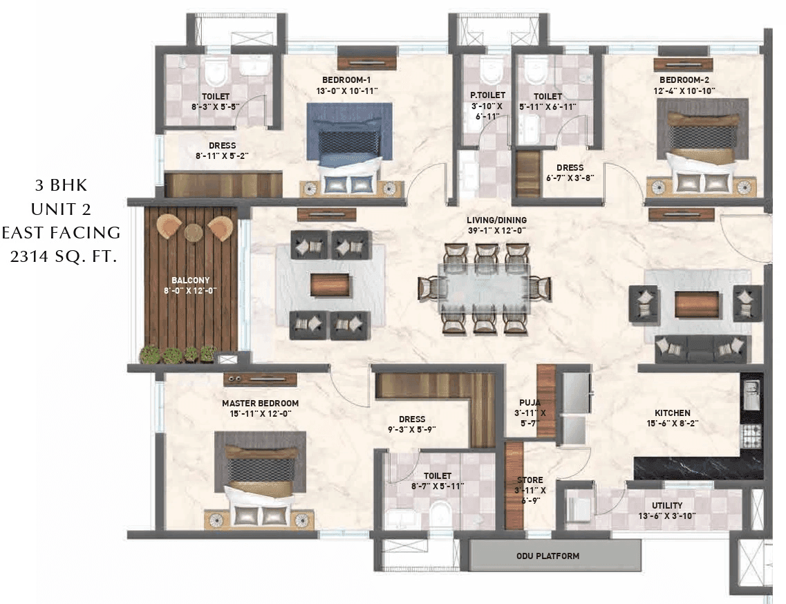 Zuari Gangothri Tribhuja Unit plan - 1619 sq.ft.
