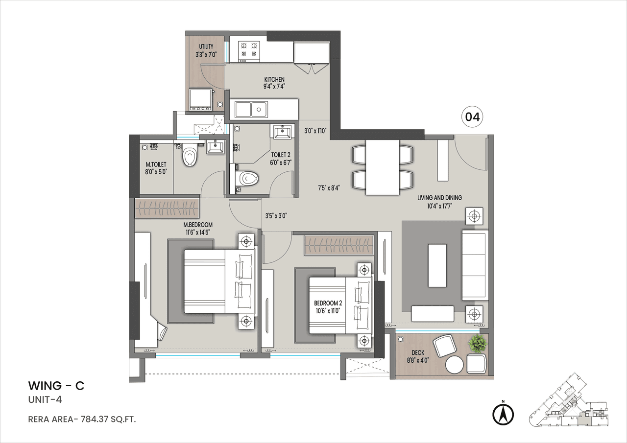 Shapoorji Pallonji Nine Arcs Unit plan - 784 sq.ft.