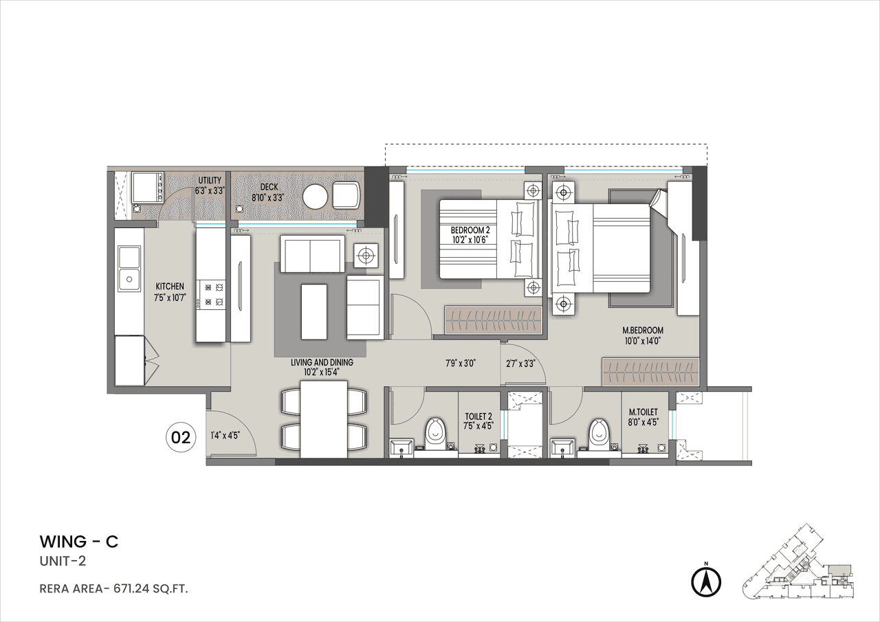 Shapoorji Pallonji Nine Arcs Unit plan - 671 sq.ft.