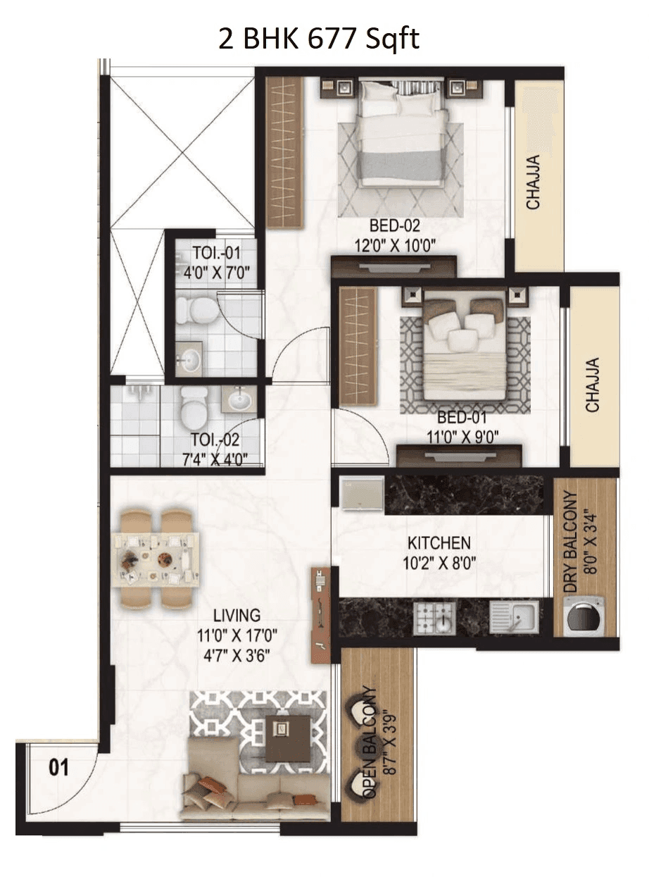 Unit plan - 677 sq.ft.