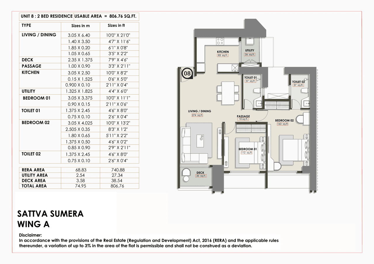 Sattva Sumera Unit plan - 806 sq.ft.
