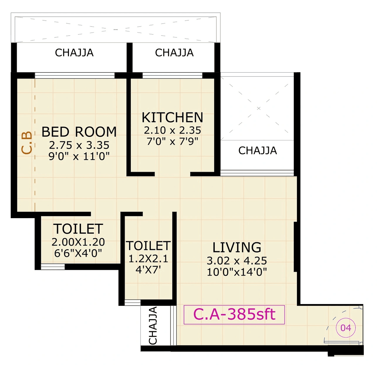 Gami Telon Unit plan - 385 sq.ft.
