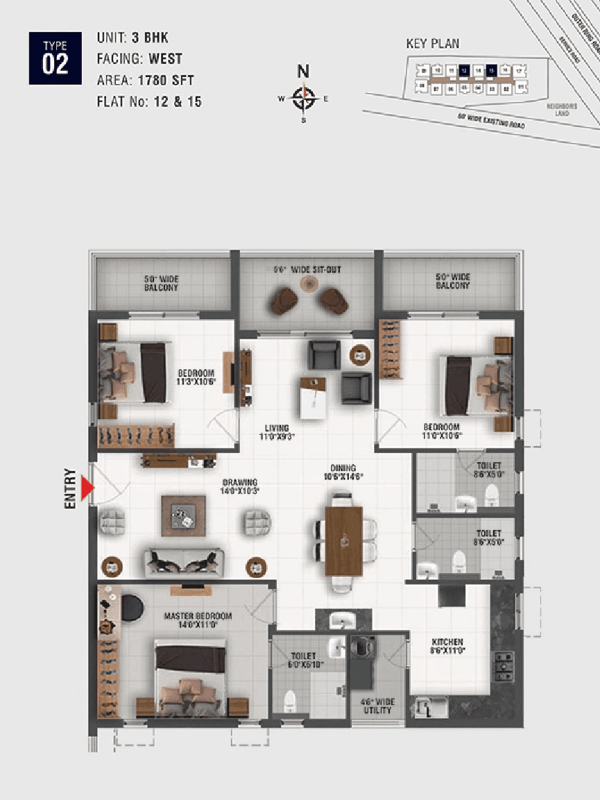 Origin Amogha Unit plan - 1263 sq.ft.