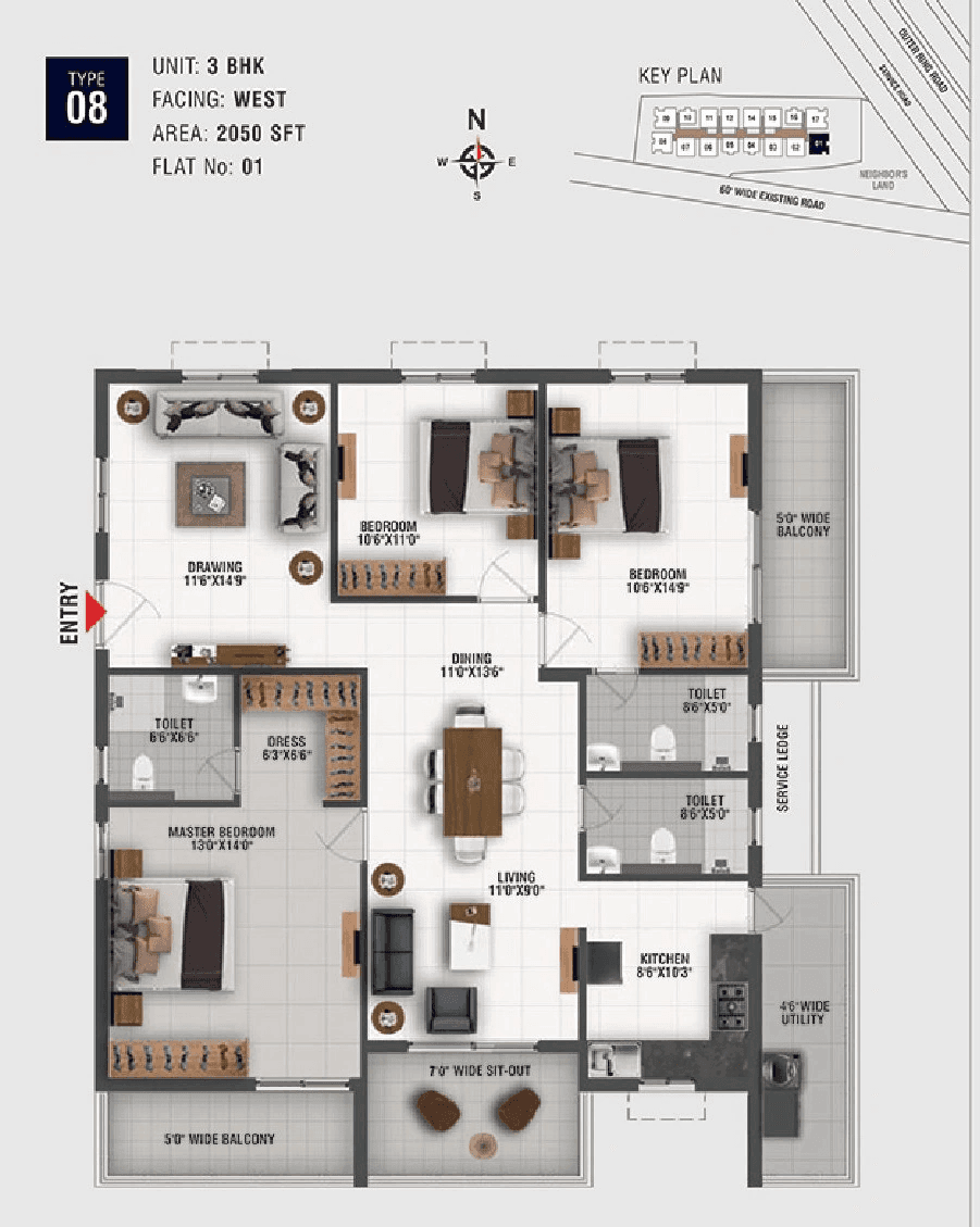Origin Amogha Unit plan - 1455 sq.ft.
