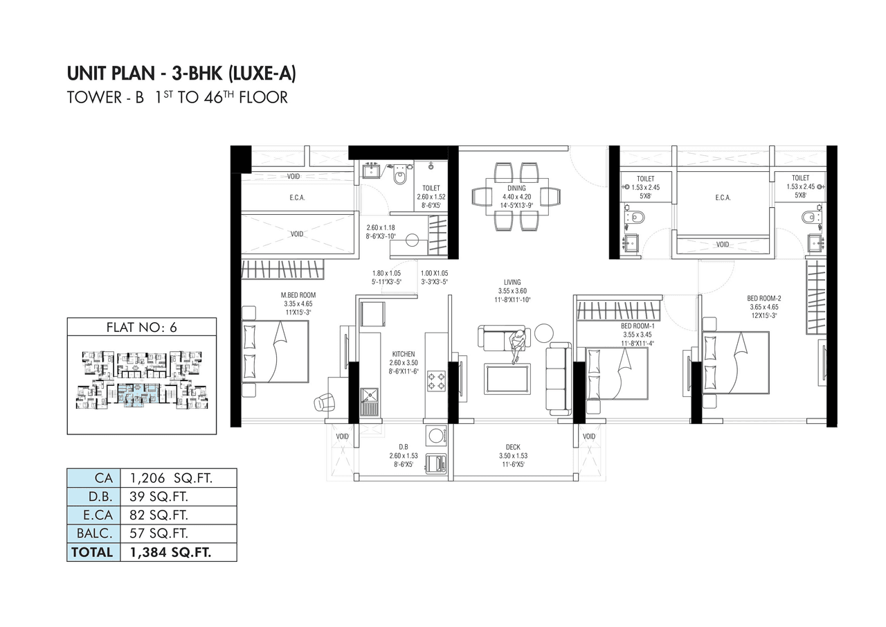 Shapoorji Kandivali East Unit plan - 1384 sq.ft.