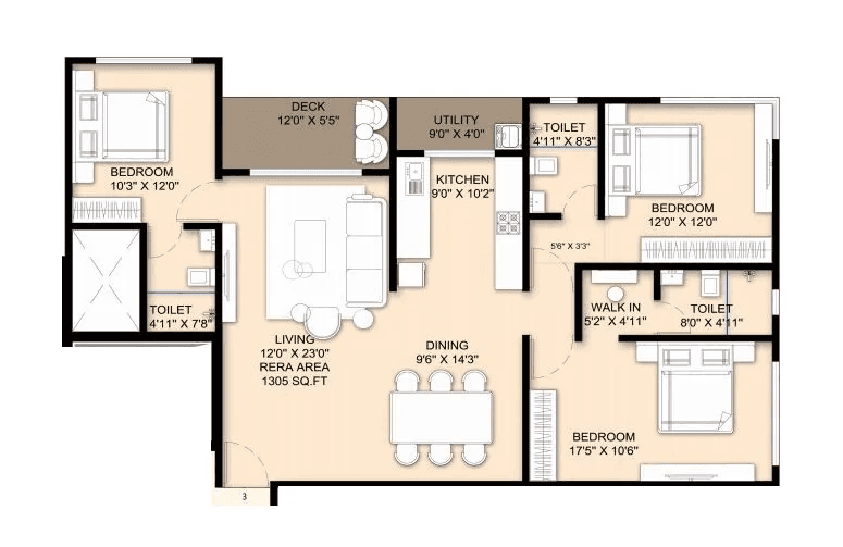 Pinal Evana Unit plan - 1305 sq.ft.