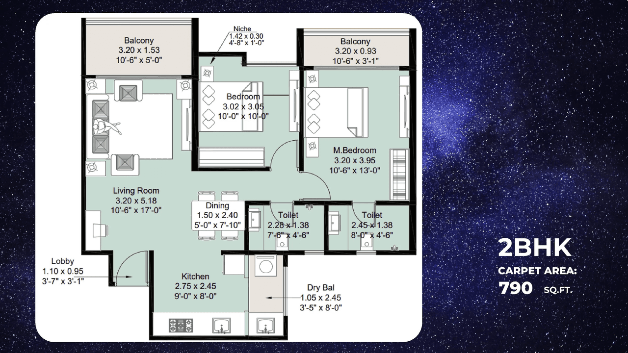 Kohinoor Nova Unit plan - 790 sq.ft.