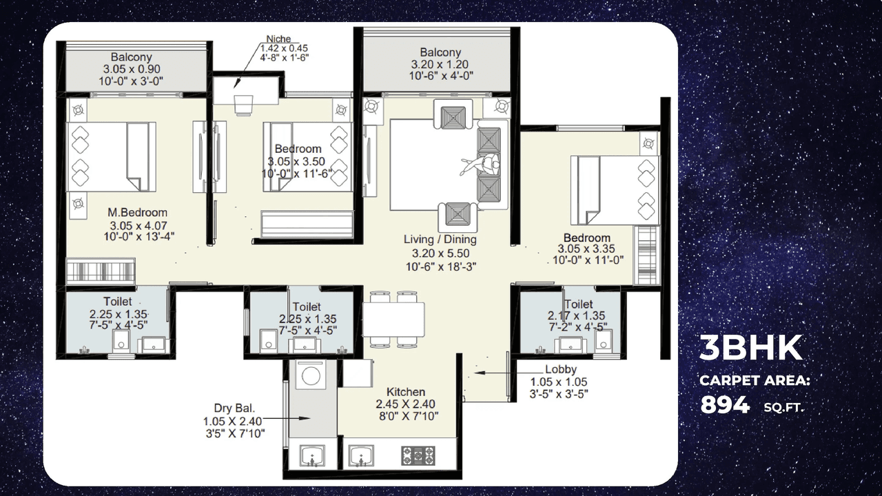 Kohinoor Nova Unit plan - 895 sq.ft.