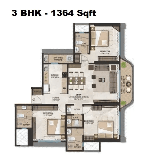 Ariha Skyes Unit plan - 1364 sq.ft.