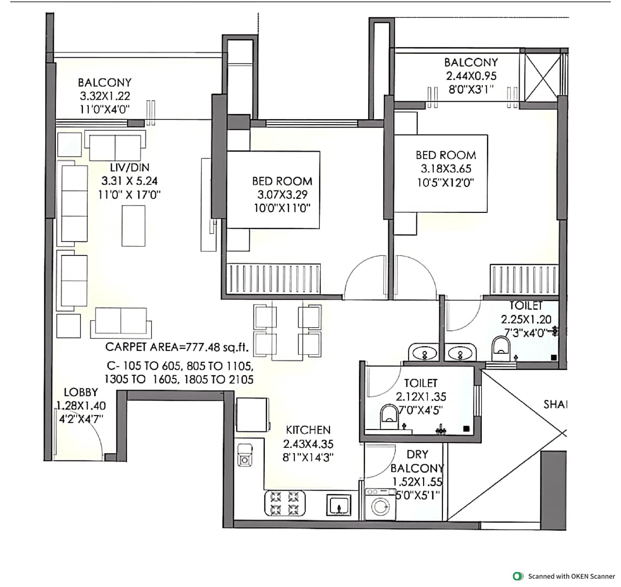 Urway Arkaay Tower Unit plan - 777 sq.ft.