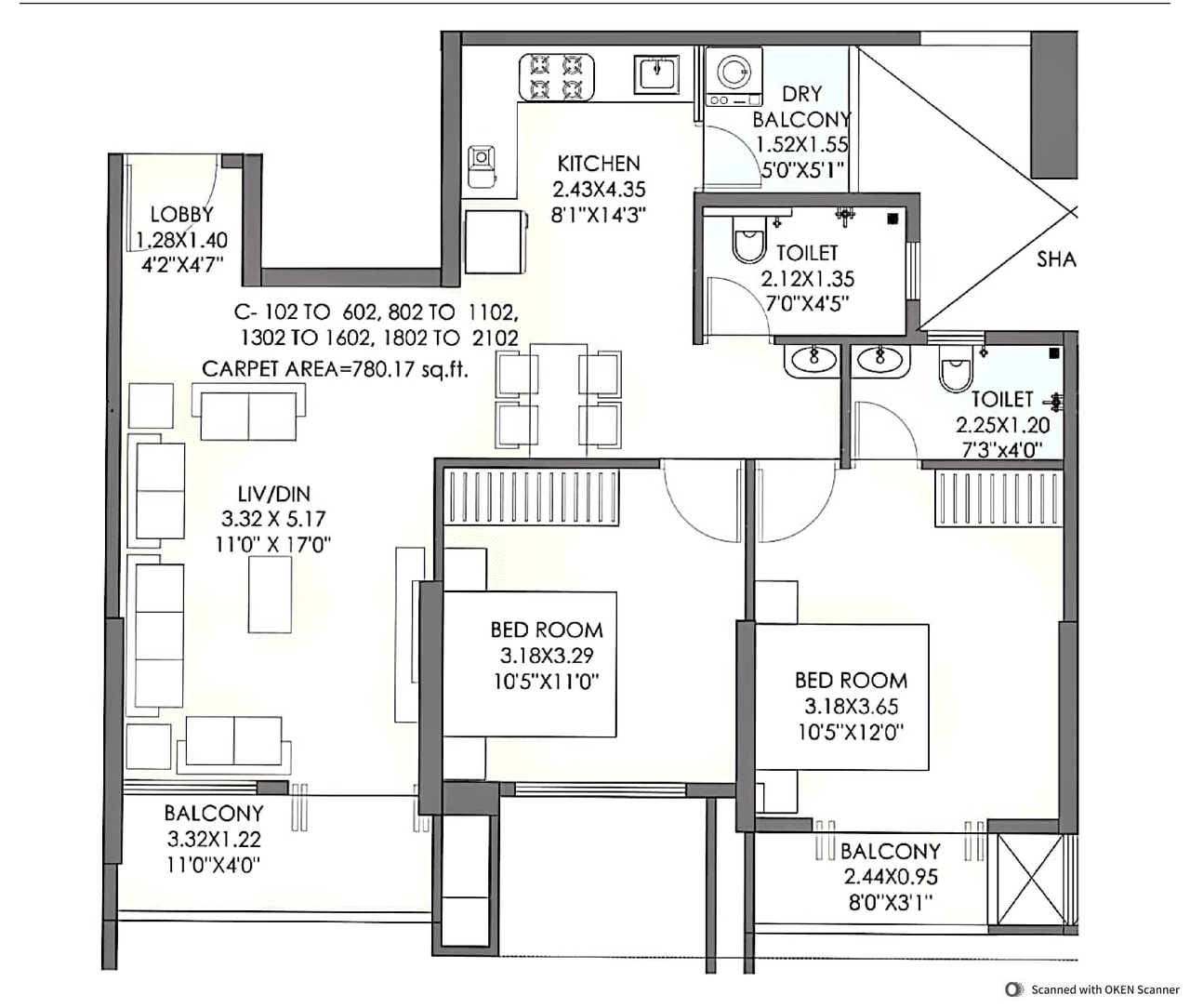 Urway Arkaay Tower Unit plan - 780 sq.ft.