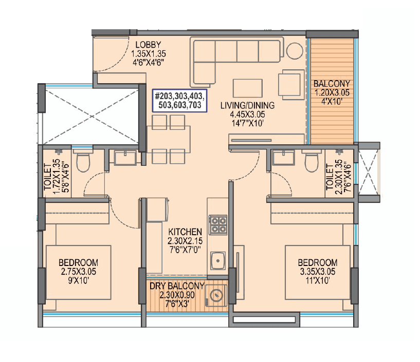 Yogesh Gandharv Marigold Unit plan - 641 sq.ft.