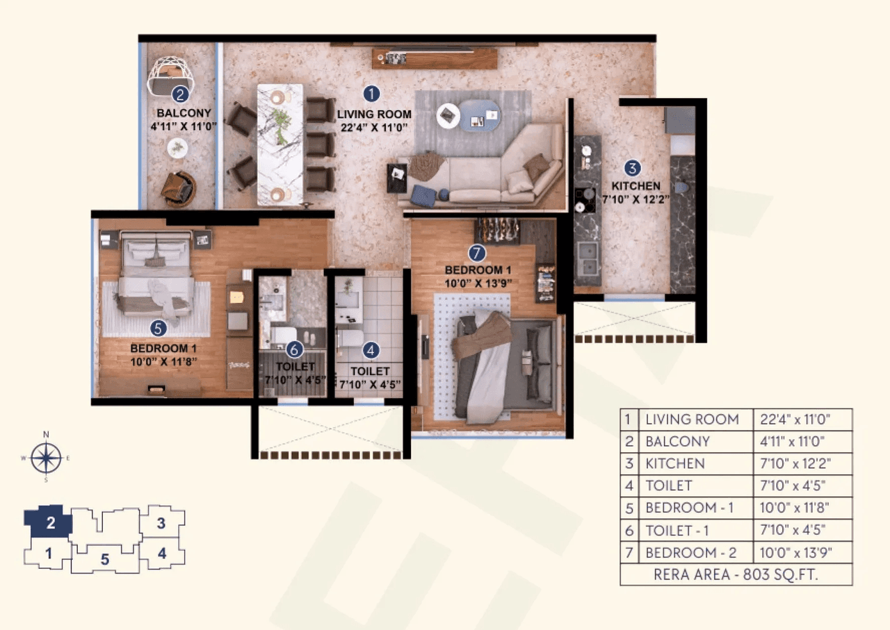 Konark 32 West View Unit plan - 803 sq.ft.