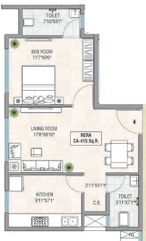 Rudra Galaxy Aura Unit plan - 415 sq.ft.