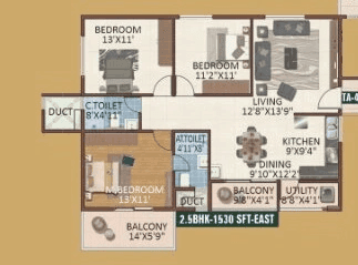 Vaishno Serene Unit plan - 974 sq.ft.