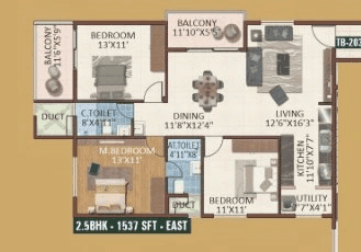 Vaishno Serene Unit plan - 968 sq.ft.
