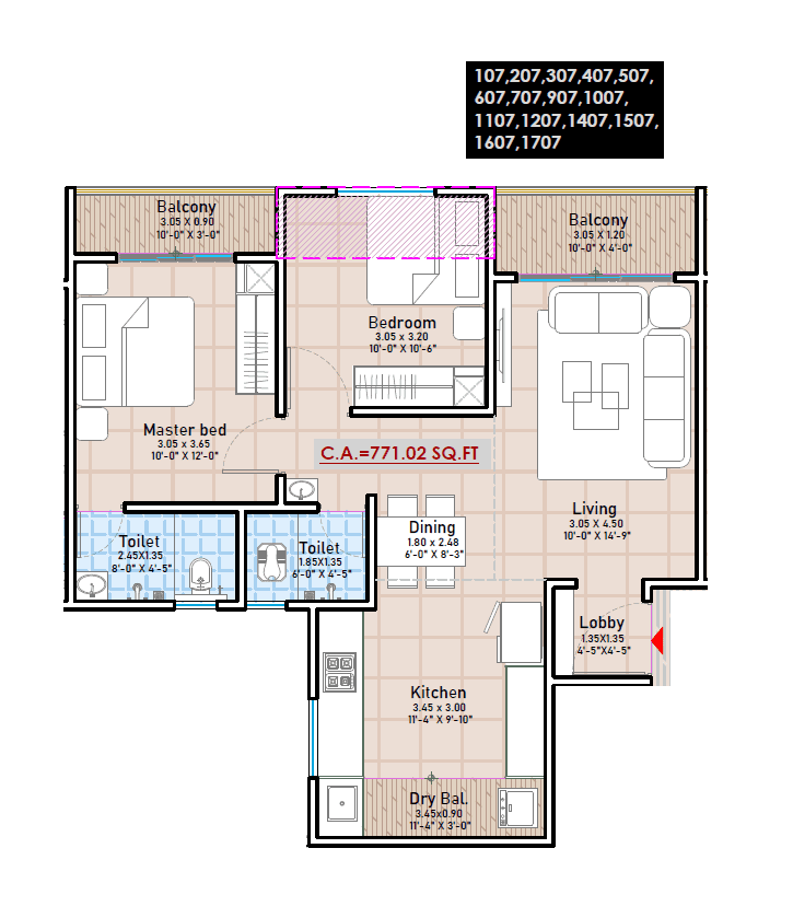 Evexia Exotica Unit plan - 772 sq.ft.