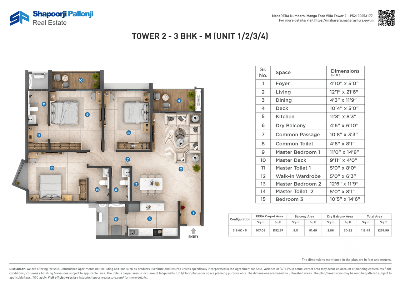 Shapoorji Pallonji Everra Unit plan - 1275 sq.ft.