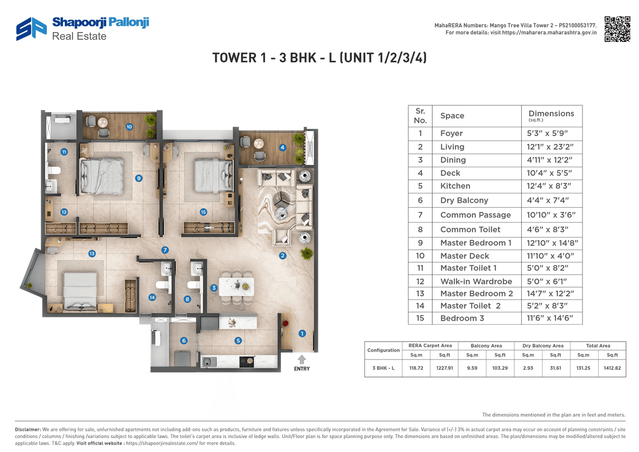 Shapoorji Pallonji Everra Unit plan - 1413 sq.ft.